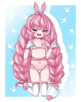 1girl alternate_hair_color animal_ears blush bra braid cameltoe choker cow_ears cow_tail equus_ignis fake_animal_ears flat_chest gloves highres horns loli long_hair looking_at_viewer mole muu_muyu navel open_mouth panties phase_connect pink_eyes pink_hair rabbit_ears shoulder_blades side-tie_panties solo tail thighhighs thighs underwear virtual_youtuber