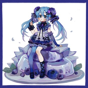 1girl arm_tattoo asymmetrical_legwear blue_eyes blue_hair blueberry border dress eating fingerless_gloves fingernails food fruit full_body gloves gradient_hair hair_ornament hairclip hatsune_miku highres holding holding_food looking_at_viewer makeup mismatched_legwear multicolored_hair nail_polish number_tattoo plate purple_border rouge_(makeup) shoes short_eyebrows short_sleeves sitting solo square suuroku tattoo twintails vocaloid