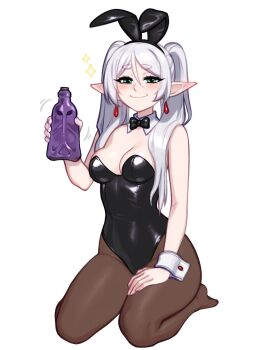 1girl animal_ears bare_shoulders black_bow black_bowtie black_hairband black_leotard black_pantyhose blush blushyspicy bow bowtie breasts cleavage closed_mouth clothes-dissolving_potion commentary detached_collar earrings elf english_commentary fake_animal_ears floating_earrings frieren green_eyes grey_hair hairband highres holding holding_potion jewelry leotard long_hair looking_at_viewer medium_breasts pantyhose parted_bangs playboy_bunny pointy_ears potion rabbit_ears seiza simple_background sitting smile solo sousou_no_frieren sparkle strapless strapless_leotard teardrop_earrings twintails white_background white_hair white_wrist_cuffs wrist_cuffs