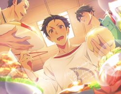 Rule 34 | 3boys, ahoge, akuno hideo, birthday, black shirt, blue eyes, blush, bowl, breast pocket, brown hair, character name, chicken (food), chopsticks, clenched teeth, collarbone, commentary request, dated, drooling, egg, english text, feast, fingernails, food, frame (idolmaster), fried chicken, fried egg, from below, green jacket, hair between eyes, happy birthday, highres, holding, holding bowl, holding chopsticks, holding plate, hungry, idolmaster, idolmaster side-m, indoors, jacket, ketchup, kimura ryu, lens flare, lettuce, long bangs, long sleeves, looking at another, looking at viewer, multiple boys, omelet, omurice, open clothes, open jacket, open mouth, plate, pocket, purple eyes, red trim, rice, rice bowl, saliva, sharp teeth, shingen seiji, shirt, short bangs, short hair, signature, smile, solo focus, sparkle, sparkling eyes, straight hair, teeth, tongue, umeneko, upper body, upper teeth only, yellow shirt