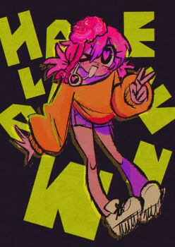 1girl absurdres brain chainsaw_man cosmo_(chainsaw_man) dangling_eye exposed_brain heart heart-shaped_pupils highres low_twintails nuwi_(furinuwi) orange_sweater pink_eyes pink_hair purple_shorts shorts solo sweater symbol-shaped_pupils twintails v