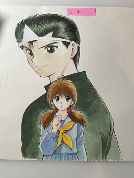 Rule 34 | 1boy, 1girl, alternate hairstyle, black eyes, blue serafuku, brown hair, commentary request, green eyes, green hair, highres, low twintails, marker (medium), neckerchief, photo (medium), sarayashiki junior high school uniform, school uniform, serafuku, shounen jump, shueisha, smile, togashi yoshihiro, traditional media, triangular headpiece, twintails, urameshi yuusuke, weekly shounen jump, yellow neckerchief, yukimura keiko, yuu yuu hakusho