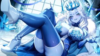 1girl blue_cape blue_dress blue_eyes blue_gloves blue_shoes blue_skin blue_thighhighs breasts cape cleavage closed_mouth colored_skin commentary crown dress elbow_gloves english_commentary fur-trimmed_cape fur_trim gloves high_heels highres indie_virtual_youtuber kiyochii large_breasts leg_up looking_at_viewer pointy_ears shoes smile snowflakes solo thighhighs vexoria_the_sun_eater vexoria_the_sun_eater_(frozen_empress) virtual_youtuber white_hair