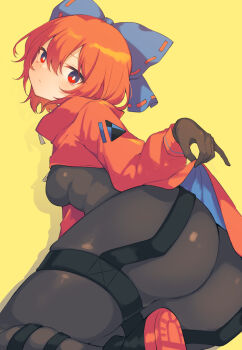 1girl akatsuki_records alternate_costume ass black_bodysuit black_gloves blue_bow bodysuit bow breasts bright_pupils cloak closed_mouth commentary_request expressionless from_behind gloves highres long_sleeves looking_at_viewer looking_back medium_breasts red_cloak red_eyes red_hair rock_&#039;n&#039;_rock_&#039;n&#039;_beat sekibanki shoes sneakers solo tama_(soon32281) thighs touhou white_pupils yellow_background