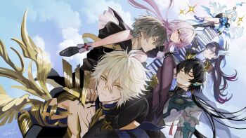 3boys 3girls antenna_hair asymmetrical_sleeves black_hair blonde_hair book caelus_(honkai:_star_rail) cerydra_(honkai:_star_rail) choker closed_eyes cloud cloudy_sky collar cracked_skin crossed_legs crown dan_heng_(honkai:_star_rail) dan_heng_(permansor_terrae)_(honkai:_star_rail) dragon_horns evernight_(honkai:_star_rail) gloves gradient_hair grey_hair guest_art hair_between_eyes hair_ornament high_heels highres honkai:_star_rail honkai_(series) horns hysilens_(honkai:_star_rail) long_hair low_ponytail march_7th_(honkai:_star_rail) maria_(maria_rose) mini_crown mismatched_sleeves multicolored_hair multiple_boys multiple_girls pants phainon_(honkai:_star_rail) phainon_(khaslana)_(honkai:_star_rail) pink_hair pointy_ears ponytail red_eyes shoes sky sparkle thigh_strap thighhighs trailblazer_(honkai:_star_rail) white_hair wings yellow_eyes