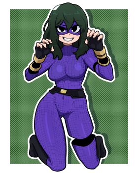 1girl absurdres black_eyes black_gloves bodysuit boku_no_hero_academia breasts covered_navel double-parted_bangs fingerless_gloves gloves green_hair hair_between_eyes highres kneeling large_breasts looking_at_viewer mask medium_hair muds open_mouth purple_bodysuit purple_mask sharp_teeth smile solo teeth tokage_setsuna