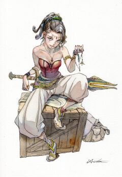 1girl aris_0827 arm_warmers armlet bag bandaged_ankle bandaged_foot bandages bare_shoulders bodice box circlet collarbone commentary_request crate fingernails full_body gem hair_ornament hair_scrunchie harem_pants high_ponytail highres hilt holding holding_jewelry holding_necklace jewelry looking_at_viewer necklace on_box original pants pendant pointy_shoes ponytail puffy_pants red_bodice red_eyes red_gemstone red_socks sash scrunchie shoes signature simple_background single_arm_warmer single_sock sitting sitting_on_box smile socks solo sword waist_sash watch weapon white_background white_pants wristwatch