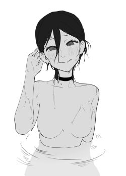 1girl absurdres adjusting_hair black_choker blush chainsaw_man choker completely_nude grenade_pin highres looking_at_viewer nude partially_submerged pyo_79 reze_(chainsaw_man) simple_background skinny_dipping smile solo water wet wet_hair white_background