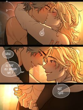 2boys alhaitham_(genshin_impact) blonde_hair blush braid closed_eyes commentary couple english_commentary fingernails french_kiss genshin_impact grey_hair heart highres holding holding_jewelry holding_ring imminent_marriage_proposal jewelry kaveh_(genshin_impact) kiss lips long_hair male_focus multiple_boys ring short_hair smile spoken_heart teeth wiistef yaoi