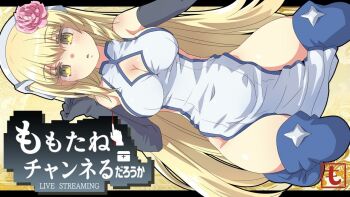 1girl aiz_wallenstein bare_shoulders black_gloves blonde_hair blue_boots blush boots breasts cleavage cleavage_cutout clothing_cutout collared_dress covered_navel dress dungeon_ni_deai_wo_motomeru_no_wa_machigatteiru_darou_ka elbow_gloves flower full_body gloves hair_between_eyes hair_flower hair_ornament hairband hand_in_own_hair hand_up kneeling large_breasts logo long_hair looking_at_viewer non-web_source open_mouth parted_lips pelvic_curtain pink_flower sidelocks simple_background sleeveless sleeveless_dress solo thigh_boots thighs very_long_hair wazawogi_(wzog) white_dress white_hairband yellow_eyes