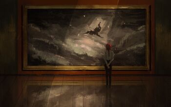 1girl arms_behind_back black_pants braid braided_ponytail chainsaw_man gustave_dore highres long_hair makima_(chainsaw_man) museum painting_(object) pants red_hair sakku_art shirt solo standing white_shirt