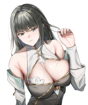 Rule 34 | 1girl, absurdres, armpit crease, ayres (ayresm), baizhi (wuthering waves), black dress, black hair, breast press, breasts, cleavage, closed mouth, collar, commentary request, dress, eyeliner, gloves, green eyes, hair ornament, hand up, highres, jewelry, large breasts, long hair, looking at viewer, makeup, red eyeliner, see-through cleavage, see-through clothes, sidelocks, simple background, smile, solo, very long hair, white background, white collar, wuthering waves