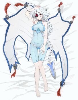 1girl absurdres ahoge bare_shoulders bed_sheet blazblue bodysuit braid breasts cape commentary commission dakimakura_(medium) english_commentary eyepatch grey_hair highres long_hair lying mayoa medium_breasts nu-13 on_back on_bed red_eyes single_braid skin_tight solo unworn_cape white_hair