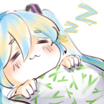 Rule 34 | 1girl, :3, hatsune miku, sleeping, solo, twintails, under covers, vocaloid, xixiriima, zzz
