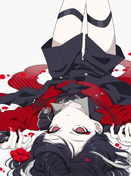 1boy absurdres black_hair black_shorts cropped_jacket expressionless flower high-waist_shorts highres jacket kyogoku_masamune looking_at_viewer lying male_focus multicolored_hair nail_polish on_back petals red_eyes red_flower red_jacket red_nails red_rose rose rose_petals seira_jablko short_hair shorts solo thigh_strap touken_ranbu trap two-tone_hair upside-down