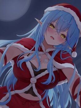 1girl 7nopi absurdres ahoge black_camisole blue_hair blush breasts camisole capelet cleavage commentary_request crop_top crossed_bangs double-parted_bangs fur-trimmed_capelet fur-trimmed_headwear fur-trimmed_skirt fur-trimmed_vest fur_trim hair_between_eyes hat heart heart_ahoge highres hololive large_breasts long_hair looking_at_viewer midriff miniskirt multicolored_hair open_mouth pointy_ears pom_pom_(clothes) red_capelet red_skirt red_vest santa_costume santa_hat skirt solo streaked_hair very_long_hair vest virtual_youtuber yellow_eyes yukihana_lamy