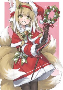 1girl absurdres alternate_costume animal_ear_fluff animal_ears arknights bell belt black_belt black_gloves black_pantyhose blonde_hair border bow braid capelet christmas colored_tips commentary_request cowboy_shot dress fox_ears fox_girl fox_tail fur-trimmed_capelet fur-trimmed_dress fur-trimmed_headwear fur_trim gloves green_bow green_eyes grin hair_ornament hairband hat highres holding holding_staff holly_hair_ornament kitsune kyuubi long_hair long_sleeves looking_at_viewer multicolored_hair multiple_tails neck_bell outside_border pantyhose parted_lips partial_commentary pink_background red_capelet red_dress red_hairband red_hat santa_costume santa_dress santa_hat semi_colon short_dress simple_background smile solo staff suzuran_(arknights) tail twin_braids two-tone_hair white_border white_hair