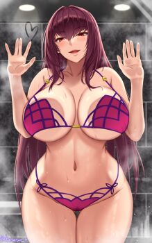 1girl against_glass akitsuki_karasu bikini blush breast_press breasts breasts_on_glass commentary_request cowboy_shot fate/grand_order fate_(series) heart highres large_breasts long_hair looking_at_viewer navel paid_reward_available parted_lips pink_bikini purple_hair red_eyes scathach_(fate) scathach_(fate/grand_order) scathach_(swimsuit_assassin)_(fate) smile solo steam stomach swimsuit thigh_gap underboob wet