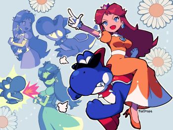 1girl annoyed blue_eyes boshi_(super_mario_rpg) breasts brooch cookie_jar crown daisy_(flower) dinosaur dress flower foxdropsdraws gloves grin high_heels highres image_sample jewelry long_hair mario_(series) md5_mismatch medium_breasts nintendo orange_dress pointing princess_daisy puffy_short_sleeves puffy_sleeves red_hair resolution_mismatch riding running short_sleeves sitting smile source_larger square_enix sunglasses super_mario_land super_mario_rpg tail twitter_sample