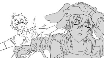 Rule 34 | 2boys, a104201, antenna hair, arm ribbon, arm up, blush, caelus (honkai: star rail), character hat, choker, closed eyes, coat, collarbone, commentary request, fingerless gloves, gloves, greyscale, hair between eyes, hand on own head, hand up, hello mem world! (honkai: star rail), highres, honkai: star rail, honkai (series), hood, hooded coat, korean commentary, lapels, long sleeves, male focus, mem (honkai: star rail), meme, monochrome, multiple boys, naoya hitting choso without looking (meme), neck tattoo, open clothes, open coat, open mouth, outstretched arms, phainon (honkai: star rail), ribbon, shirt, short hair, short sleeves, simple background, single bare shoulder, spread arms, sun symbol, sun tattoo, sweatdrop, t-shirt, tan, tattoo, torn clothes, torn shirt, trailblazer (honkai: star rail), upper body, v-shaped eyebrows