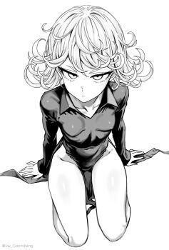 1girl arm_support breasts closed_mouth collared_dress commentary covered_navel curly_hair dress expressionless flipped_hair from_above greyscale highres long_sleeves looking_at_viewer lw_goombang monochrome one-punch_man pelvic_curtain seiza short_hair simple_background sitting sleeves_past_wrists small_breasts solo split_mouth untranslatable_commentary tatsumaki taut_clothes taut_dress twitter_username