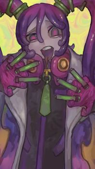 1girl abstract_background between_fingers black_jumpsuit blonde_hair drooling evil_smile eyeliner furrowed_brow gloves green_background green_eyes hands_up hatsune_miku head_tilt highres holding holding_test_tube jumpsuit liquid long_hair looking_at_viewer makeup multicolored_background multicolored_eyes multicolored_hair nintendo pink_background pink_eyeliner pink_eyes pink_gloves pink_hair poison_miku_(project_voltage) pokemon project_voltage purple_hair raised_eyebrow smile solo straight-on teeth test_tube twintails uneven_eyes upper_body upper_teeth_only vocaloid wuwuren yellow_background zipper zipper_pull_tab