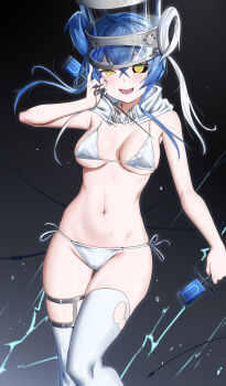 1girl asymmetrical_legwear bikini black_sclera blue_hair breasts colored_sclera commentary_request duel_monster hat highres holding kewl_tune_back_2_back kewl_tune_cue mailixiang mismatched_legwear mismatched_sclera multicolored_hair navel open_clothes see-through_hat shako_cap side-tie_bikini_bottom swimsuit thighhighs torn_clothes torn_thighhighs triangle_bikini_top two-tone_hair white_bikini white_hair yu-gi-oh!
