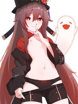 1girl artist_request bike_shorts bike_shorts_pull black_panties black_shorts breasts clothes_lift finger_to_mouth flat_chest genshin_impact highres hu_tao_(genshin_impact) looking_at_viewer navel nipples non-web_source panties pantyshot shorts shushing small_breasts smile underwear