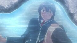 1girl animated anime_screenshot black_socks blazer breasts cleft_of_venus convenient_censoring haite_kudasai_takamine-san jacket large_breasts leaf leaf_censor long_hair no_panties puddle purple_hair pussy pussy_peek red_eyes reflection reflective_liquid school_uniform skirt socks sound tagme takamine_takane thighs video water