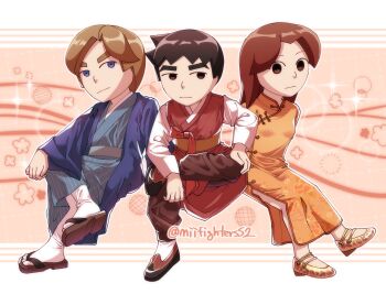 1girl 2boys artist_name black_eyes black_hair blue_eyes blue_jacket blue_kimono brown_eyes brown_hair brown_pants china_dress chinese_clothes closed_mouth crossed_legs dress expressionless floral_print full_body hand_on_own_knee highres invisible_chair jacket japanese_clothes kimono long_hair long_sleeves looking_at_viewer mii_(nintendo) mii_brawler mii_brawler_(smash_4) mii_gunner mii_gunner_(smash_4) mii_swordfighter mii_swordfighter_(smash_4) miifighterss2 multiple_boys nintendo orange_dress pants parted_bangs sandals sash shirt shoes short_hair sitting socks super_smash_bros. tabi thick_eyebrows twitter_username white_shirt white_socks wide_sleeves yellow_dress zouri