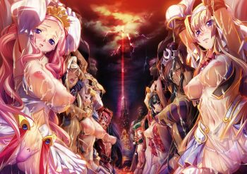 Rule 34 | 6+girls, alicia arctours, blonde hair, blue eyes, breasts, brown hair, claudia levantine, cloe (kuroinu), crown, cum, cum on body, cum on breasts, cum on upper body, curvy, dark-skinned female, dark elf, dark skin, elf, female focus, flat chest, forced, green eyes, highres, hikage eiji, huge breasts, jewelry, kaguya (kuroinu), kuroinu ~kedakaki seijo wa hakudaku ni somaru~, large breasts, liquid (company), long hair, looking at viewer, maia (kuroinu), moaning, multiple girls, official art, olga discordia, orange hair, panties, pointy ears, prim fiorire, princess, red hair, ruu ruu, shiny skin, short hair, slave, thighs, thong, underwear, white hair