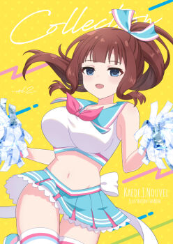 1girl assault_lily blue_eyes bouncing_breasts breasts brown_hair character_name cheerleader collarbone comiket_103 commentary_request cropped_shirt green_skirt kaede_johan_nouvel large_breasts long_hair looking_at_viewer midriff navel open_mouth piatin pink_ribbon pleated_skirt pom_pom_(clothes) ponytail ribbon sailor_collar shirt skirt solo thigh_gap thighhighs white_shirt