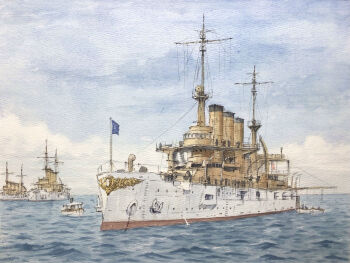 atelier_bono battleship boat cloud cloudy_sky commentary_request highres mast military_vehicle no_humans ocean original painting_(medium) ship ship_turret sky smokestack traditional_media united_states_navy uss_connecticut_(bb-18) warship watercolor_(medium) watercraft