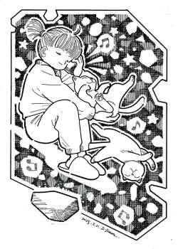Rule 34 | 1girl, animal, artist name, beamed eighth notes, blunt bangs, cat, closed eyes, closed mouth, commentary request, dated, full body, greyscale, hatching (texture), holding, holding animal, holding cat, holding rock, linear hatching, listening to music, monochrome, musical note, notice lines, original, pants, ponytail, rock, sandals, short ponytail, smile, solo, sweater, traditional media, zpihr6jprso2r2l