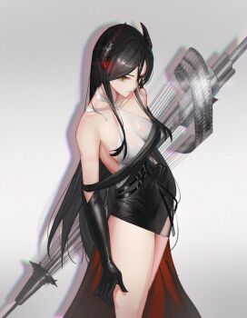 1girl ambience_synesthesia arknights bare_shoulders black_dress black_gloves black_hair breasts chinese_commentary closed_mouth dress elbow_gloves feet_out_of_frame fi_ao gloves grey_background highres horns ines_(arknights) ines_(melodic_flutter)_(arknights) long_hair looking_at_viewer medium_breasts official_alternate_costume sidelocks simple_background solo standing yellow_eyes