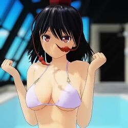 1girl 3d animated arms_behind_back bikini black_hair bouncing_breasts breasts cleavage half-closed_eyes large_breasts leaning_forward looking_at_viewer mofumoko5 pool red_eyes seductive_gaze seductive_smile shameimaru_aya smile solo squeezing swimsuit tagme thighs touhou upper_body video