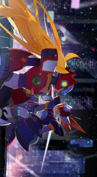 Rule 34 | 2boys, absurdres, adversarial noise, armor, axl (mega man), black armor, blonde hair, brown hair, close-up, closed eyes, cross scar, forehead jewel, helmet, highres, long hair, male focus, mega man (series), mega man x (series), multiple boys, red armor, red helmet, scar, scar on face, simple background, spiked hair, wawadochi, zero (mega man)