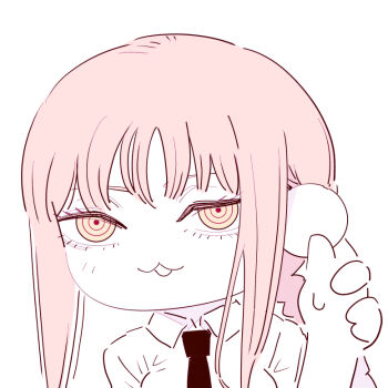 1girl 1other chainsaw_man chibi chibi_only collared_shirt deer60868637 guided_ear_grab limited_palette long_hair looking_at_viewer makima_(chainsaw_man) open_mouth pink_hair ringed_eyes shirt sidelocks yellow_eyes