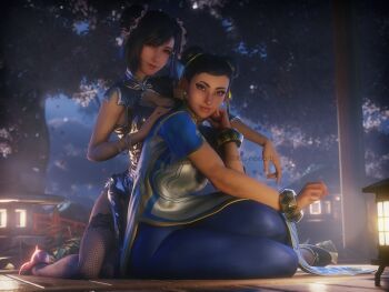 2girls 3d alternate_hairstyle animal_print artist_name black_hair blue_leggings bracelet breasts brown_eyes capcom china_dress chinese_clothes chun-li cleavage_cutout closed_mouth clothing_cutout crossover double_bun dress final_fantasy final_fantasy_vii final_fantasy_vii_remake fishnet_thighhighs fishnets hair_bun hair_ornament high_heels highres jewelry kneeling large_breasts leggings leopard_print long_hair looking_at_viewer multiple_girls official_alternate_costume outdoors red_eyes red_lips ria-neearts sitting square_enix street_fighter street_fighter_6 thighhighs tifa_lockhart tifa_lockhart_(sporty_dress) yokozuwari