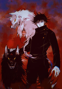 1girl black_fur black_hair blue_eyes commentary english_commentary f_rabbit fushiguro_megumi gyokuken highres jujutsu_kaisen jujutsu_tech_uniform sharp_teeth short_hair solo spiked_hair teeth white_fur wolf