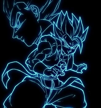 2boys black_background blue_theme cowboy_shot cropped_vest dragon_ball dragon_ball_super gogeta hashtag-only_commentary lafia_db lineart male_focus medium_hair metamoran_vest multiple_boys muscular muscular_male no_shirt simple_background spiked_hair super_saiyan super_saiyan_blue vegeta vest