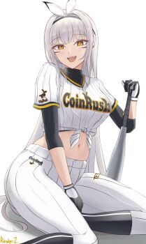 1girl artist_name baseball_bat blanc_(nikke) blanc_(no._77_batter)_(nikke) breasts brown_eyes commentary fang gloves goddess_of_victory:_nikke hairband highres long_hair looking_at_viewer medium_breasts midriff navel open_mouth pants randgriz96 shirt sitting smile solo striped_clothes sweat tied_shirt vertical-striped_clothes very_long_hair white_background white_hair white_pants white_shirt