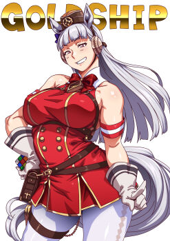 1girl animal_ears armband bag bare_shoulders belt_bag blunt_bangs blush bow breasts buttons character_name commentary_request contrapposto cowboy_shot double-breasted dress earmuffs eyelashes gloves gold_ship_(red_strife)_(umamusume) gold_ship_(umamusume) grey_gloves grey_hair grin hair_ornament handbag hat highres holding horse_ears horse_girl horse_tail jun_(rojiura_jack) long_hair looking_at_viewer open_mouth pink_eyes pleated_dress pointing pointing_to_the_side red_armband red_bow red_dress rubik&#039;s_cube shadow sleeveless sleeveless_dress smile solo standing striped_clothes striped_gloves tail teeth thigh_strap umamusume white_background