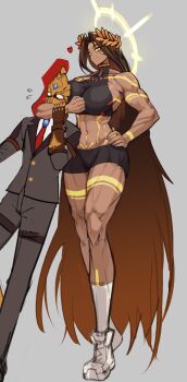 1boy 1girl absurdly_long_hair adeptus_custodes blush breasts brown_hair commentary emperor_of_mankind english_commentary flying_sweatdrops formal_clothes genderswap genderswap_(mtf) gloves grey_background halo hand_on_own_hip heart highres large_breasts laurel_crown long_hair muscular muscular_female navel necktie podobrick simple_background smile suit tall_female very_long_hair warhammer_40k yellow_eyes