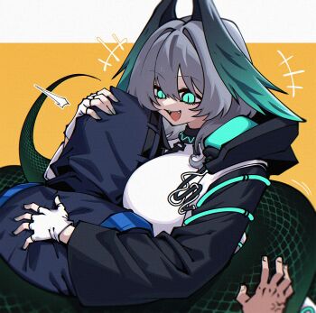 1girl 1other absurdres aqua_eyes aqua_wings arknights between_breasts black_coat black_jacket breast_smother breasts coat commentary doctor_(arknights) dress dryegen english_commentary face_between_breasts face_to_breasts fangs fingerless_gloves gloves grey_hair head_between_breasts head_wings highres ho&#039;olheyak_(arknights) hood hooded_coat hug jacket large_breasts long_sleeves medium_hair open_mouth slit_pupils snake_tail tail two-tone_background upper_body white_background white_dress white_gloves wings yellow_background