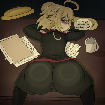 1girl alatir annoyed ass black_boots blazer blonde_hair blue_eyes blush boots closed_mouth embarrassed english_text eyelashes feet_out_of_frame female_focus from_behind green_jacket green_pants highres huge_ass indoors jacket kyojiri_loli loli long_hair looking_at_viewer looking_back lying multicolored_jacket on_stomach on_table pants ponytail profile red_jacket solo speech_bubble table tanya_degurechaff two-tone_jacket youjo_senki