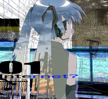 1girl 2000s_(style) aqua_eyes backrooms_(creepypasta) black_sleeves blue_hair blush cloud collage_(medium) collared_shirt detached_sleeves drop_shadow english_text expressionless glitch gradient_hair grey_shirt hatsune_miku headset highres long_hair looking_at_viewer looking_back multicolored_hair orange_hair photo_inset projected_inset shirt sidelocks sky sleeveless sleeveless_shirt solo star_(symbol) sunset twintails upper_body uuuuua07 vocaloid