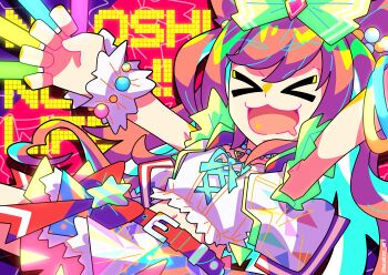 Rule 34 | > <, 1girl, absurdres, agnes digital (full-color fangirling) (umamusume), agnes digital (umamusume), animal ears, bead necklace, beads, belt, bow, bracelet, breasts, closed eyes, drooling, glowstick, hair bow, highres, himejoshi, holding, holding glowstick, horse ears, horse girl, horse tail, jewelry, long hair, midriff, mouth drool, multicolored skirt, navel, necklace, open mouth, pink hair, red belt, scalizo, shirt, single wrist cuff, skirt, sleeveless, sleeveless shirt, smile, solo, star (symbol), tail, umamusume, white shirt, white wrist cuffs, wrist cuffs, yellow bow