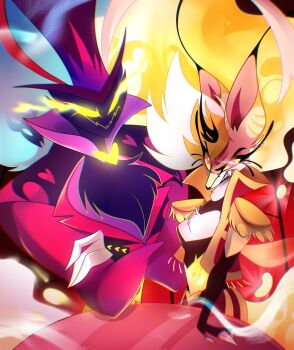 1boy 1girl absurdres angry asmodeus_(helluva_boss) beelzebub_(helluva_boss) bird_boy demon_boy demon_girl formal_clothes fox_girl furry furry_female furry_male hellaverse helluva_boss highres looking_at_viewer sharp_teeth suit teeth xinjinjumin369709084641