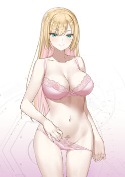 1girl absurdres bare_arms bare_shoulders blonde_hair blue_eyes body_(bacoborn) bow bow_bra bow_panties bra breasts cleavage collarbone gradient_background groin hair_between_eyes hand_up highres looking_at_viewer medium_breasts multicolored_hair navel original panties panty_pull pink_background pink_bra pink_hair pink_panties pulling_own_clothes smile solo suggestive_fluid two-tone_hair underwear underwear_only white_background